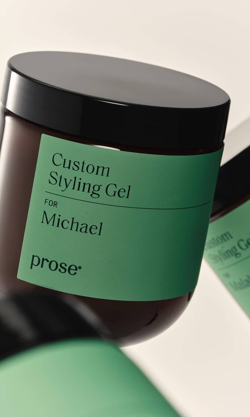 A jar of Prose Custom Styling Gel labeled ‘for Michael’.