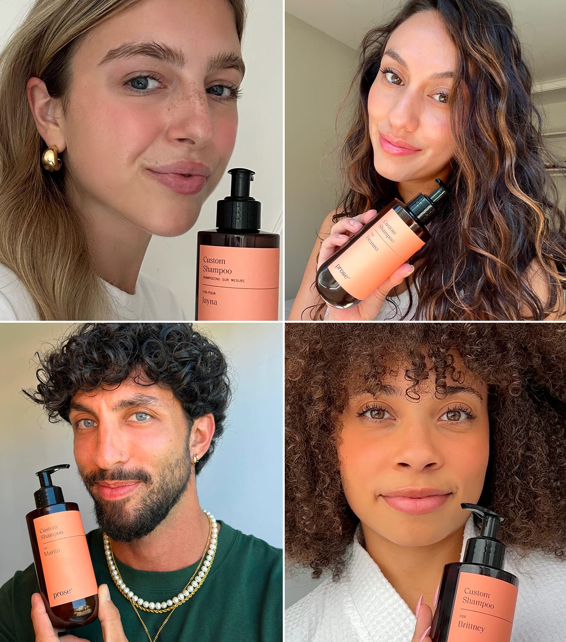 Four individuals smiling and holding Prose Custom Shampoo bottles, showcasing personalized hair care for different hair types.