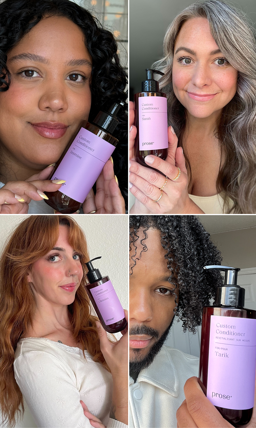 Four individuals with different hair types holding personalized Prose Custom Conditioner bottles.