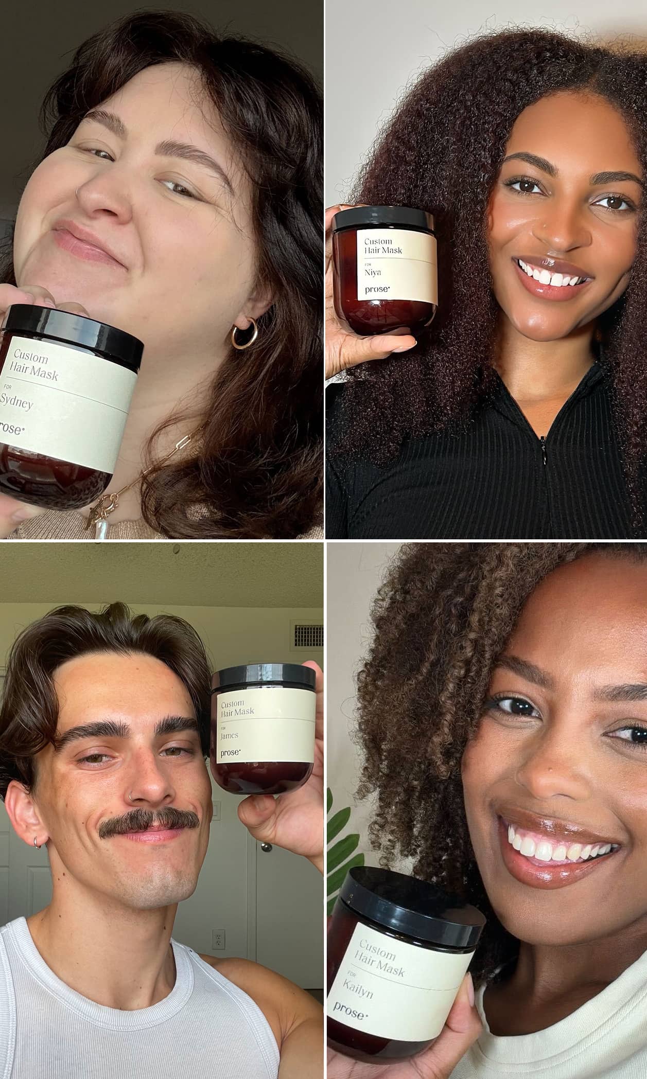 Four individuals with varying hair types holding their Prose Custom Hair Mask jars.