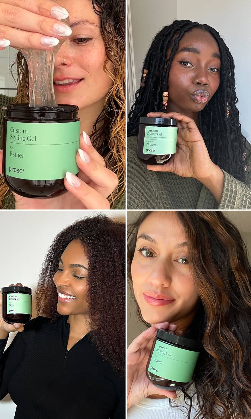 Four women with different curly hair textures holding their custom styling gel jars.