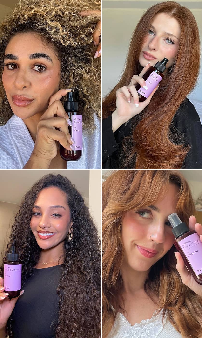 Four women with different hair textures holding their custom leave-in conditioners