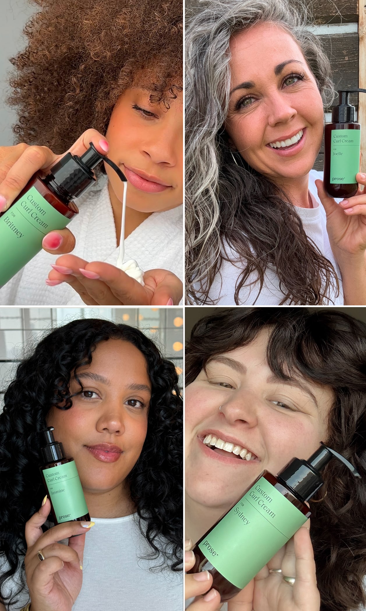 Four women with varying hair textures holding Prose Custom Curl Cream bottles and smiling at the camera.